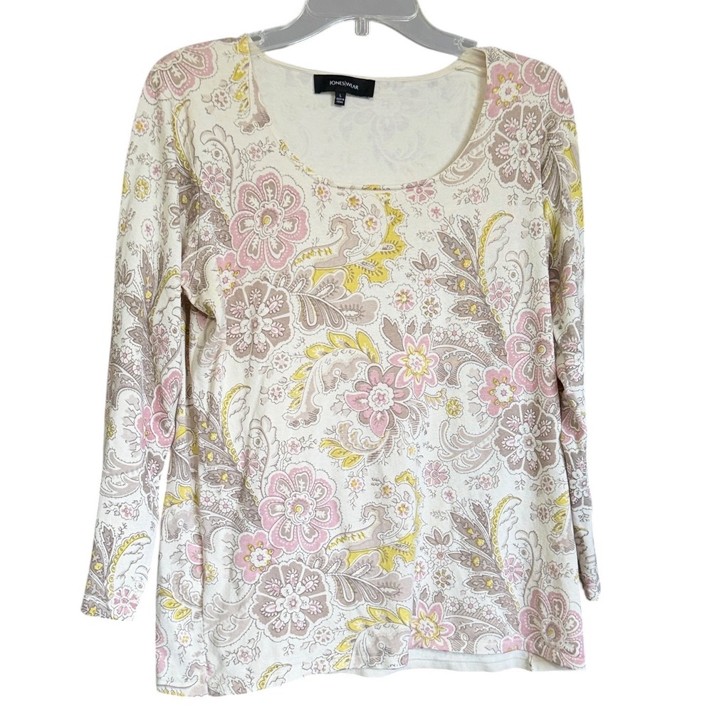 Jones Wear Womens L‎ Silk Blend Pastel Floral Paisley Scoop Neck Long Sleeve Top